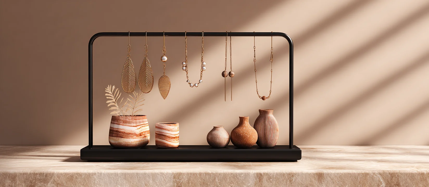 A close-up of the elegant earring display holder, highlighting the minimalist design of the metal earing holder stand.